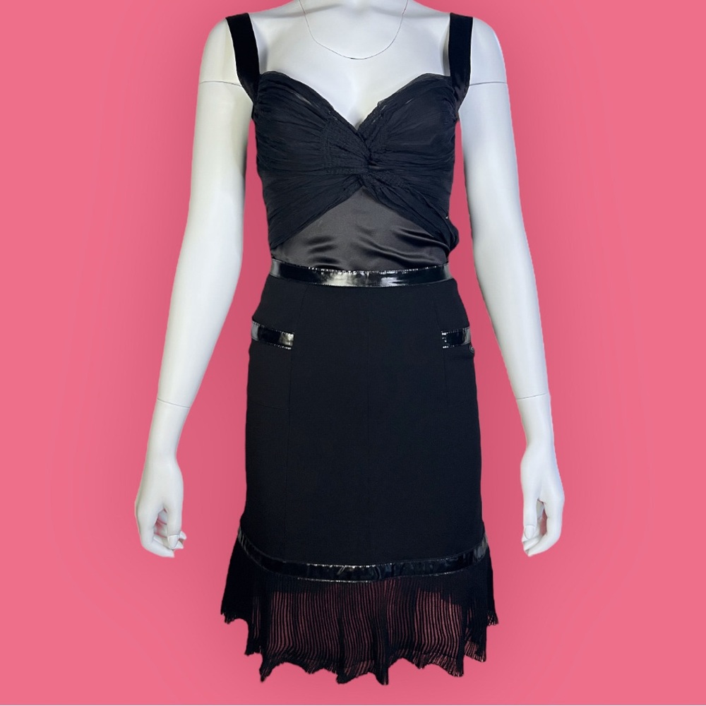 Authentic CHANEL Y2K Black Trumpet Skirt Knee Length & Sheer Rib Knit Bottom 36
